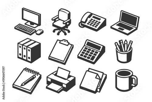 Black and white office supply icons featuring computer chair phone laptop calculator mug.