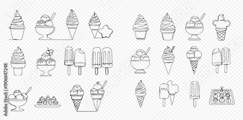 Set of various ice cream desserts, including cones, sundaes, popsicles, and soft serve, in a line art style.