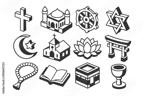 Religious symbols collection: cross, mosque, star of david, lotus, kaaba, church, torii, chalice.