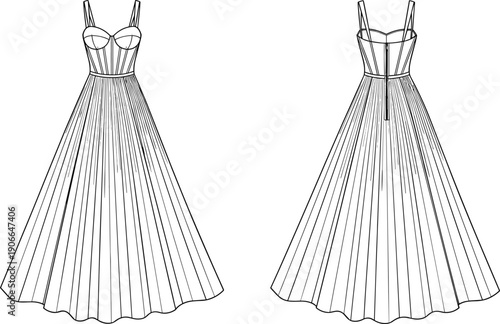 Fashion Flat Sketch of a Women's Corset Style Evening Gown, Front and Back View Formal Maxi Dress Technical Vector Template