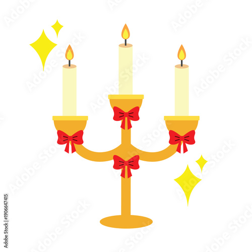 Elegant golden candelabra with three lit candles and sparkles.