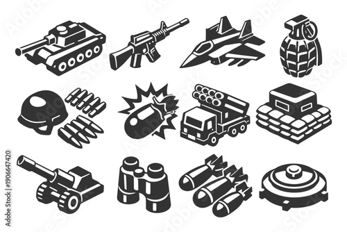 Military equipment icons: tanks, weapons, aircraft, and explosives collection.