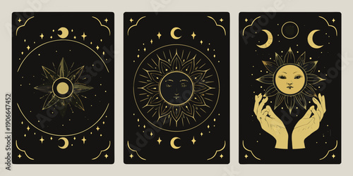 Three celestial tarot cards depicting sun moon and a combined motif