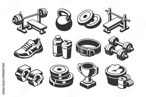Fitness equipment icons: weights, bench, kettlebell, dumbbells, trophies.