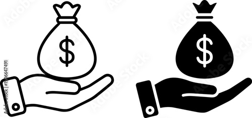 Hand holding money bag with dollar sign icon