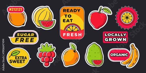 Colorful fruit patches and labels with health and freshness claims