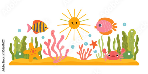 Colorful underwater scene featuring fish coral a sun and marine plants
