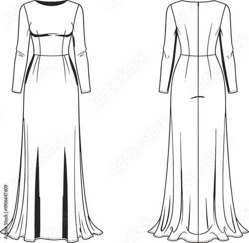 Fashion Flat Sketch of a Women's Long Sleeve Evening Gown, Front and Back View Formal Maxi Dress Technical Vector Template
