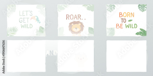 Jungle themed baby shower decorations with animal and foliage motifs