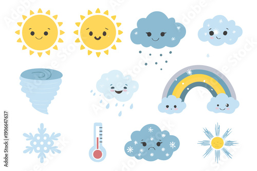 Cute weather icons featuring suns clouds rainbows and other elements