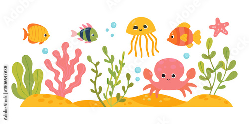 Colorful cartoon illustration of marine life in a playful underwater scene
