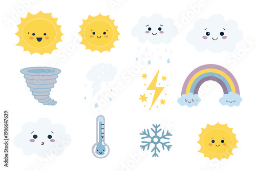 Cute weather icons featuring suns clouds rainbows and storm elements
