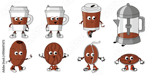 Animated coffee cups beans and a french press on a black background