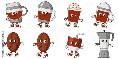 Cute cartoon coffee characters mugs beans and a teapot with faces