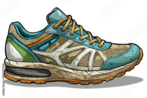 Isolated old running shoe with visible dust scratches and worn fabric placed on white background high detail sharp focus realistic texture PNG cutout.