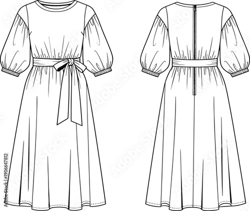 Fashion Flat Sketch of a Women's Midi Dress, Front and Back View with Puff Sleeves and Bow Waist Belt Vector