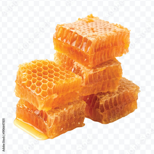 realistic four stacked honeycomb pieces with dripping honey in different style isolated on transparent background