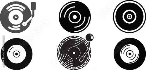 Retro Vinyl Record and Turntable Icons Set, Vintage LP Music Album and Analog Audio Disc Vector Collection