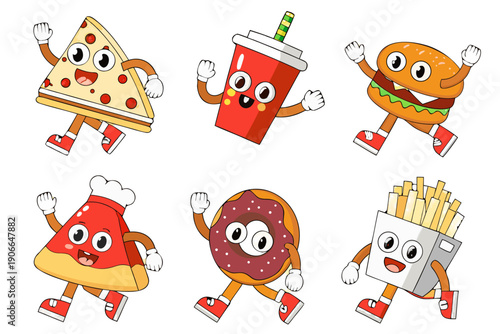 Cartoon fast food characters cheerfully waving against a black background