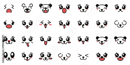 Row of stylized cat faces with varying expressions on a black background