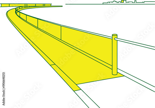 Yellow curved pedestrian ramp walkway with metal safety railings overlooking city horizon