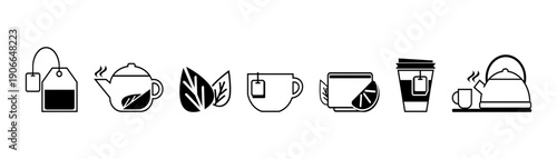 Tea set icons. Teapot. Tea bag. Tea party.