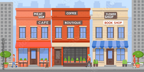 Colorful storefronts displaying various businesses in a charming city scene