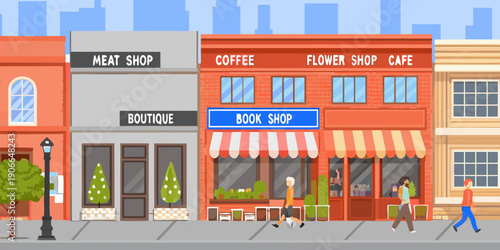 A colorful row of storefronts including a meat shop cafe and bookstore