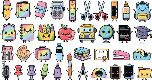 Kawaii School Supplies Collection: Adorable Characters of Pencils, Backpacks, Crayons, Scissors, and More for Fun Learning and Education Themes