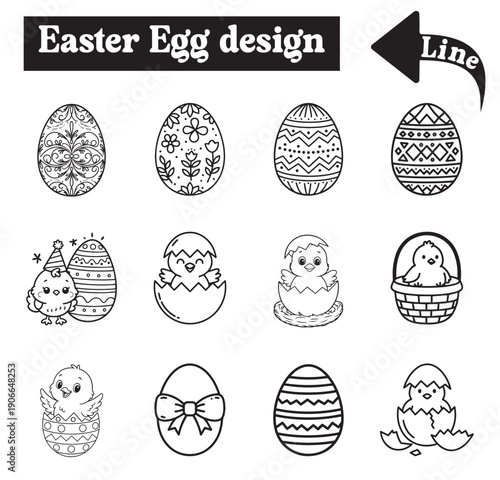 Black and White Easter Egg and Chick Silhouette Icon Set