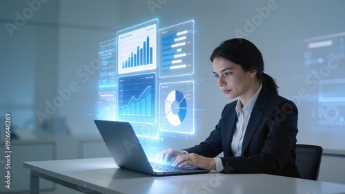 Businesswoman working on laptop with data charts