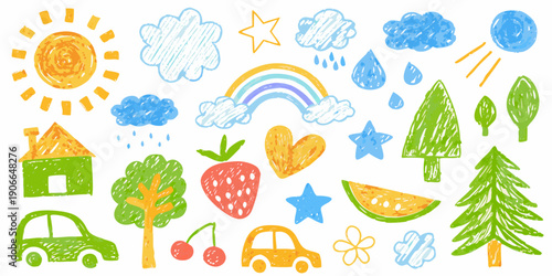 Colorful crayon drawing of a sunny day with nature and objects