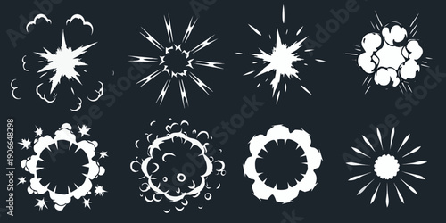 Collection of diverse white explosion and sparkle effects on a dark background