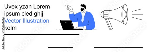 Business communication, marketing, announcements, workplace organization, public speaking, internet services. Professional at a desk pointing next to a loudspeaker. Business communication