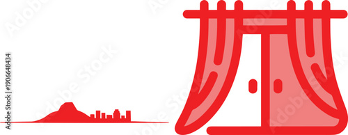 Distant city skyline and red door with curtains, minimal scene