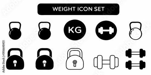 Black and white weight icon set displaying various gym equipment designs
