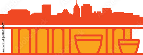 Downtown city skyline silhouette above architectural bridge pillars and decorative vases