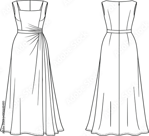 Fashion Flat Sketch of a Women's Sleeveless Evening Gown, Front and Back View Formal Maxi Dress Technical Drawing Vector Template