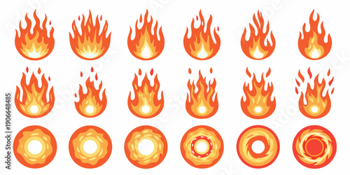 Collection of cartoon flames and fire sprites in various shapes