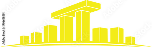 Dynamic city skyline vector design with a prominent 3d yellow crossbar structure