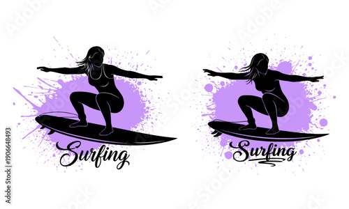 Dynamic hawaiian surfer silhouette with purple watercolor splash and grunge effect