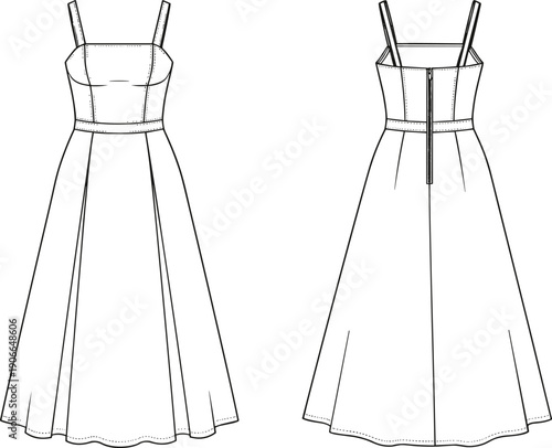 Fashion Flat Sketch of a Women's Sleeveless A-Line Dress, Front and Back View Summer Sun Dress Technical Drawing Vector Template
