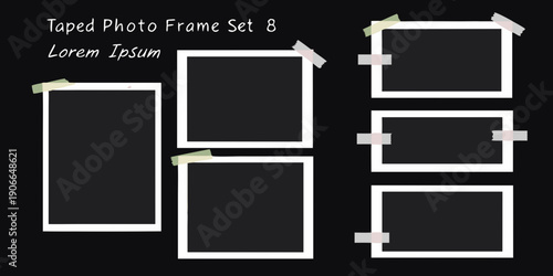 Illustration of blank rectangular photo frames taped to a dark background
