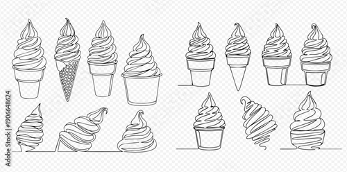 Continuous line drawing of various soft serve ice cream cones and cups, hand-drawn vector illustration set.