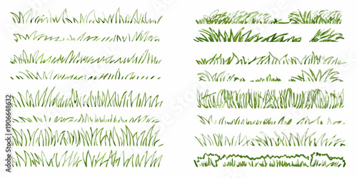 Collection of various green grass blades and patches isolated on white