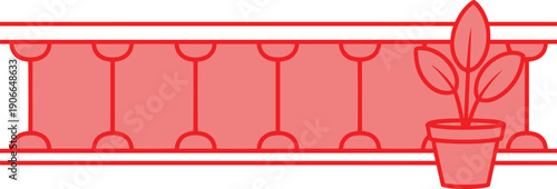 Red railing with flower pot and plant, simple linear fence design element