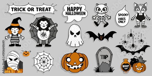 A playful halloween illustration featuring ghosts pumpkins and spooky creatures