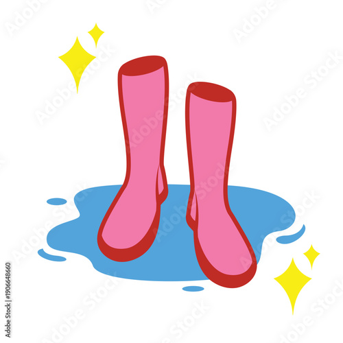 Pink rubber boots standing in a blue puddle with sparkle accents.