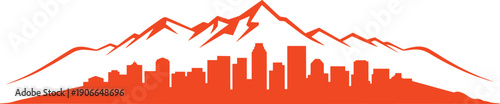 Urban city skyline silhouette nestled against majestic mountain peaks in orange flat style