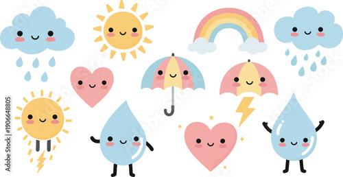Colorful cartoon weather icons with smiling faces and cute raindrops on white background